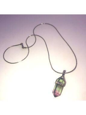 VTG Sterling & Purple Green Fluorite Crystal Stone Pendant & Chain 16” & 1.2”